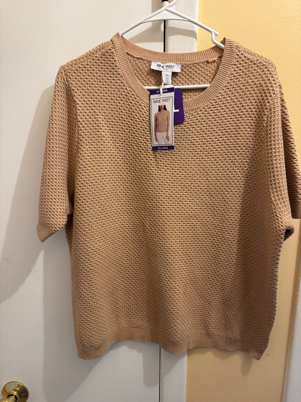 Nine West Tan Textured Short-Sleeve Crew Neck Sweater